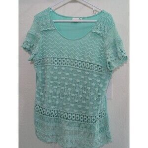 Kim Rogers Blouse Top Size XL Lace Lined Light Blue Pullover